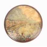 An early print decorated Tunbridge ware white wood pin wheel one side with a colour print of the