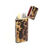A tortoiseshell cased crochet set, rectangular hinged top case, the handle with chuck below