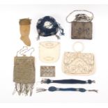 Nine various bags and purses 19th Century and later comprising a small blue velvet drawstring bag