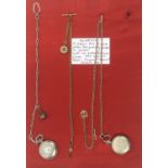 Three cards, one mounted with an engraved EPNS spectacle case on chains and ring, 26cm and a pince -