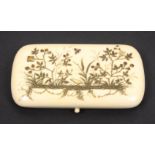 A fine ivory and shibayama etui, the rounded corner rectangular case decorated with a bird, flowers,