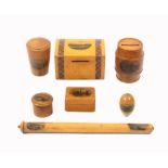 Mauchline ware - seven pieces, comprising a rectangular dome top money box (Margate Sands and
