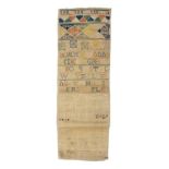 A band sampler initialled 'WH-IE' and dated '1729' with bands of geometric motifs above numerous