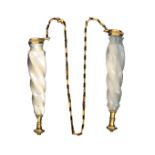 A rare pair of Palais Royal knitting needle protectors, the mother of pearl spiral bodies with