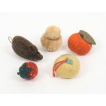 Five material pin cushions and emeries, comprising a beaded strawberry, a cottage loaf, a mouse