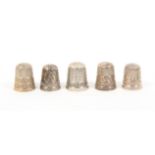 Five British silver thimbles with raised letter borders for towns and cities comprising Birmingham/