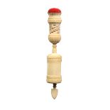 A mid-19th Century French ivory sewing clamp with ivory thimble, the cylinder frame with bands of