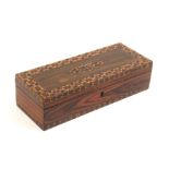 A Tunbridge ware rosewood rectangular box, the hinged lid with a diamond panel of stickware within