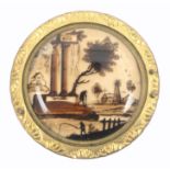 Button - a fine 18th Century button reverse painted, on to a bevel glass panel with a landscape view