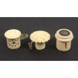 Three 19th Century ivory tape measures, comprising an example with Sadeli top, tape within, 2.