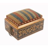 A Regency whitewood pen work weighted sewing box, the sides decorated with flowers between wavy