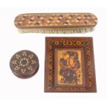 Tunbridge ware - three pieces, comprising a rectangular card tray with floral mosaic centre within a