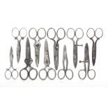 Ten pairs of 19th century steel button holing scissors, largest, 11.5cm (18)