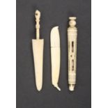 Two needle cases and a pen handle, comprising an ivory pea pod needle case, split to top, 9cm, a