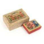 Two French 'Souvenir' cardboard sewing boxes circa 1830, both rectangular and with floral painted