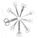 Nine pairs of 19th century and later steel scissors including a pair with off set loops, 12cm, a