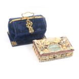 A shell work sewing box and a blue velvet sewing box, both circa 1890, the shell work box of