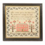 A sampler 'Elizabeth Taylor finished her work, 1840', worked with a verse over a symmetrical house
