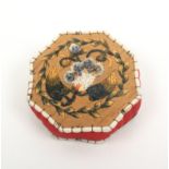 A good birch bark and quill work American Indian pin cushion of octagonal form each side decorated