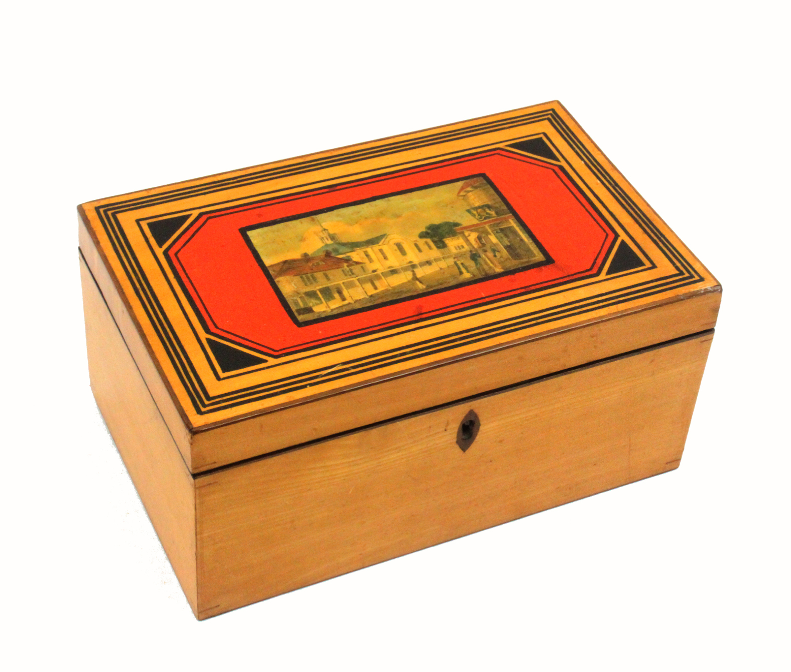 A good and rare early Tunbridge ware white wood print decorated box by Geo. Wise of rectangular