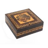 A rosewood Turnbridge ware box of square form, the pin hinge lid with a panel of floral mosaic
