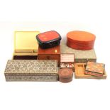 A group of boxes and display cases including a pearl inlaid Ottoman box, 34cm, two glazed display