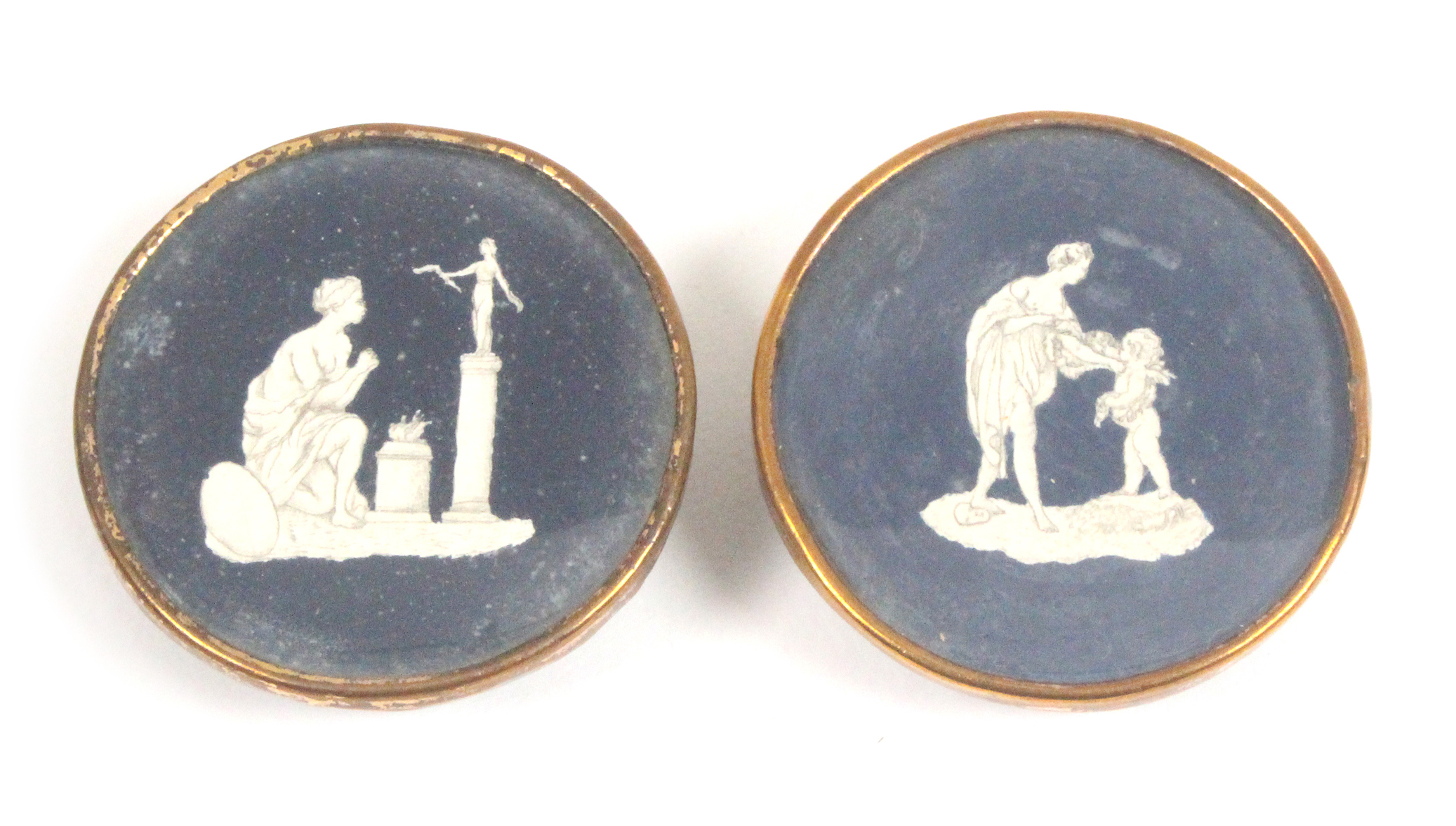 Buttons - a pair of 18th Century buttons, each painted in black on white with a classical style