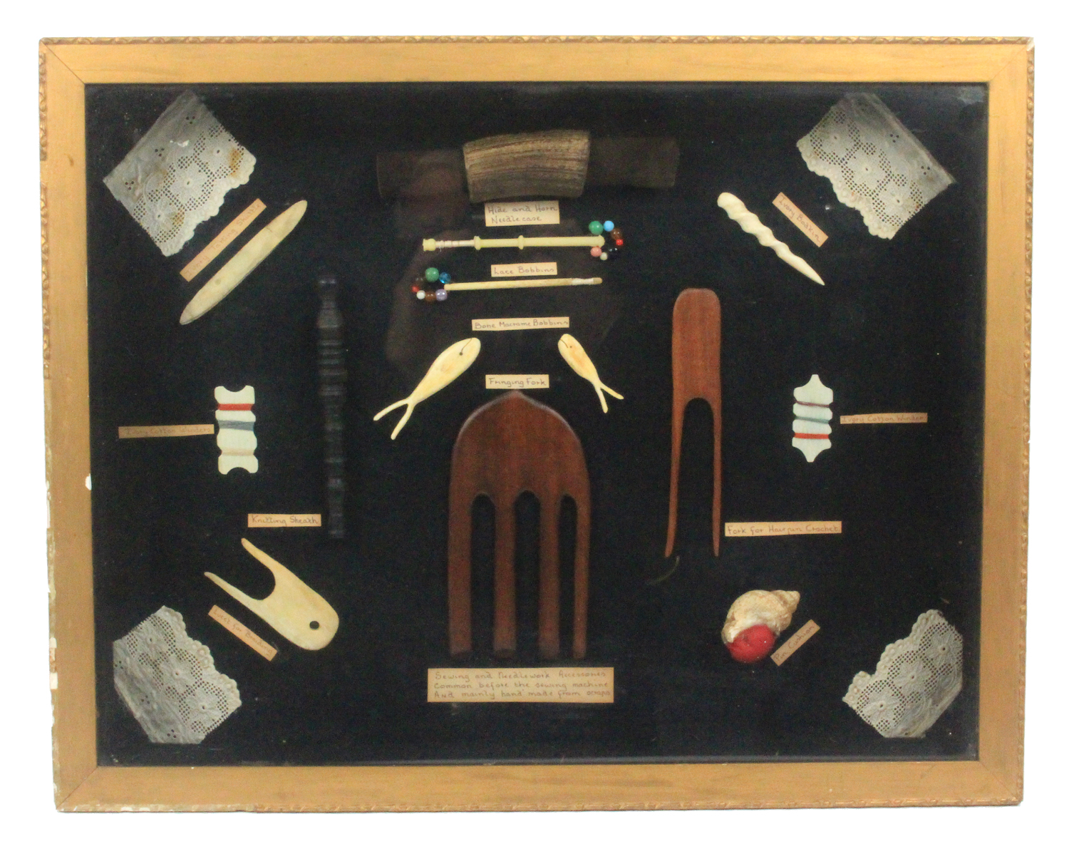 A mixed lot - sewing - comprising a framed display of sewing and other tools, titled 'Sewing and