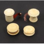 Two 19th Century ivory tape measures and two waxers, comprising a basket weave body tape measure