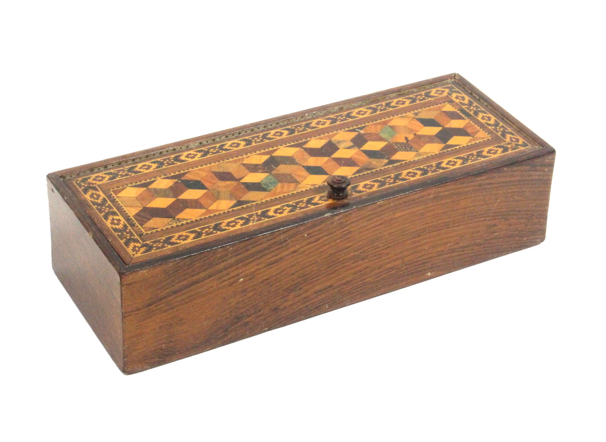 A rosewood Turnbridge ware box of rectangular form, the pin hinge lid with cube work panel within