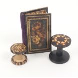 Tunbridge ware - sewing - three pieces, comprising a needle book the covers in floral mosaic and