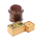 An early 19th painted Tunbridge ware circular box with domed pin cushion to lid, ring painted and