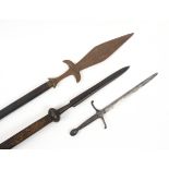 A 17th Century English pike blade, a dagger and a small pike, pike blade of inward curving diamond