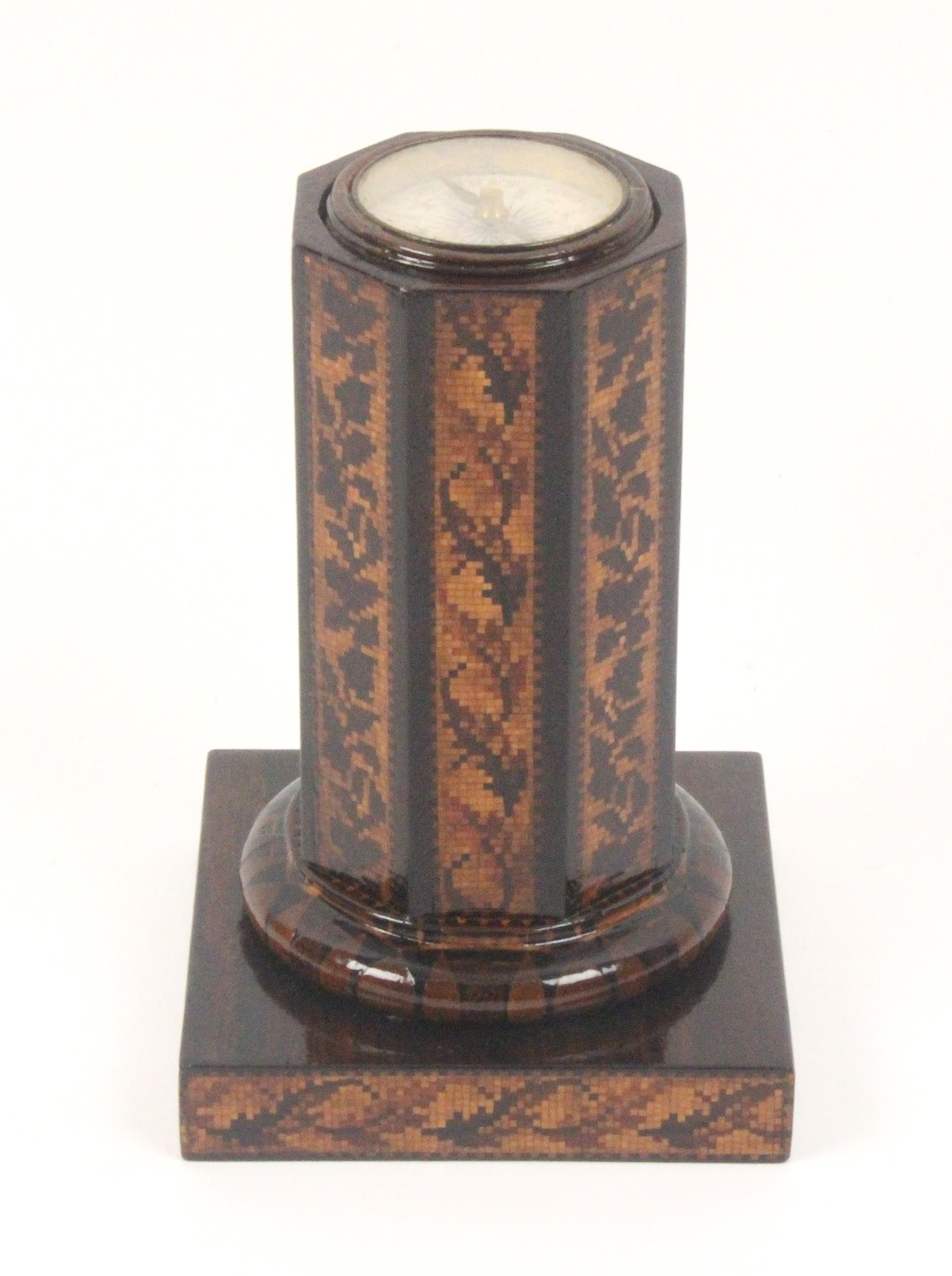 A rosewood thermometer and compass stand by Nye, the square base with floral mosaic sides, the - Image 2 of 2