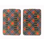 A pair of Tartan ware card markers, numerals in gold on black 10 to 900, brass swivel marker covers,