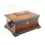 A mid Victorian burr yew wood sewing box of sarcophagal form, mother of pearl escutcheon and lid