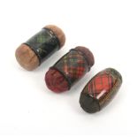 Three Tartan ware girdle form pin cushions (Clan Stuart/M'Beth/Gordon) all approx. 4cm (3)