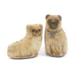 Two 19th Century painted velvet large format pin cushions in the form of dogs, comprising a seated