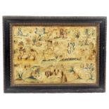 A mid 17th Century silk on silk rectangular needlework picture in various stitches centered by a