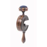 Tunbridge ware - a rosewood sewing clamp, the 'C' form frame with a band of geometric mosaic below a