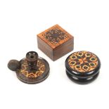 Tunbridge ware - three pieces comprising a turned rosewood circular box with stickware and mosaic