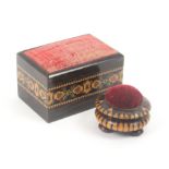 Tunbridge ware - sewing - two pieces, comprising a rectangular pin cushion with mosaic border in the