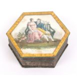 A mid 19th Century French bonbonniere in card, of hexagonal form, the sides in pressed paper the lid