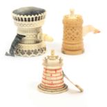 Three tape measures comprising a combination pin cushion example in ivory with pierced and engine