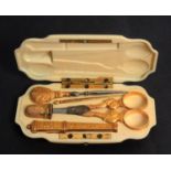 A fine late 19th Century French ivory etui with 18ct two colour gold fittings, the case of shaped