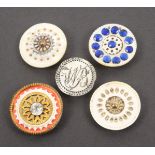 Buttons - five 18th Century mother of pearl examples, one initialled 'WB', 3cm, with chip to back,