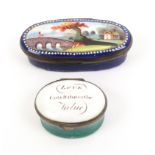 Two late 18th Century oval enamel patch boxes, comprising an elongated oval example depicting a