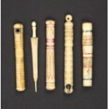 Five bone needle cases comprising an example as a furled umbrella, 9.5cm, the others of cylinder