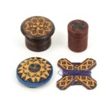 Tunbridge ware - four pieces comprising a disc form stick ware pin cushion, 4cm, a mosaic cross form