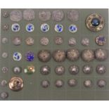 Buttons - a good card display of forty five, mostly silver including a set of five cupid kissing